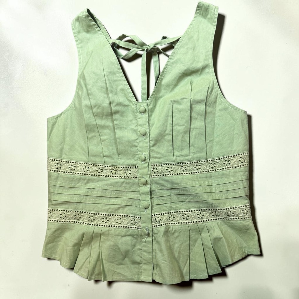 Rock & Roll Denim Sage Green Eyelet Peplum Top Western Flirty Bohemian Medium